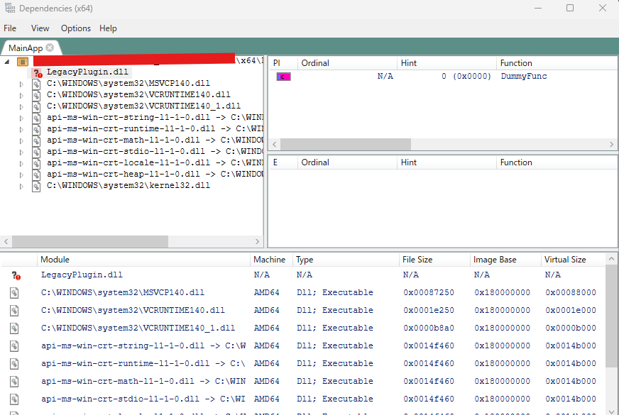 Dependencies ツールで赤くエラーになっている32bit DLLを特定している画面
