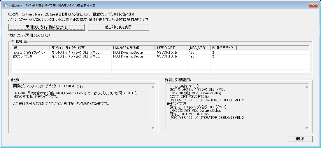 EXE側と静的ライブラリ側のランタイムライブラリ設定・LNK2038に出る値・既定のCRT・_MSC_VERを1行ずつ並べ、両側がそろっていることを示したMFC実行結果