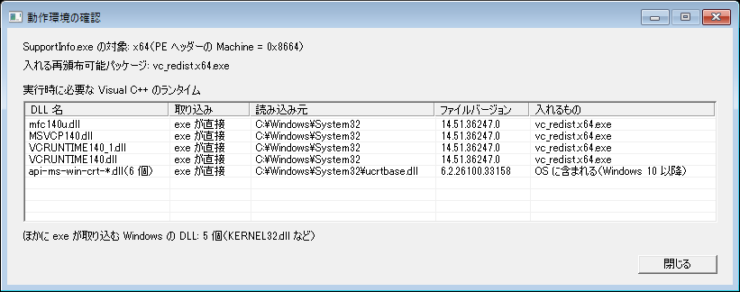 x64でビルドしたMFCアプリの動作環境の確認ダイアログ。対象はx64でMachineは0x8664。mfc140u.dll、MSVCP140.dll、VCRUNTIME140_1.dll、VCRUNTIME140.dllをC:\Windows\System32から読み込み、入れるものはvc_redist.x64.exe