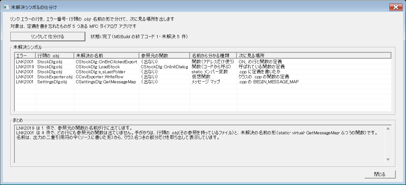 LNK2001の4行とLNK2019の1行を、行頭の .obj・未解決の名前・参照元の関数・名前の形に分けて並べたMFCダイアログの実行結果