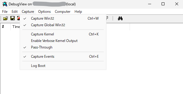 DebugView の Capture メニューで Capture Win32 と Capture Global Win32 にチェックが入っている画面