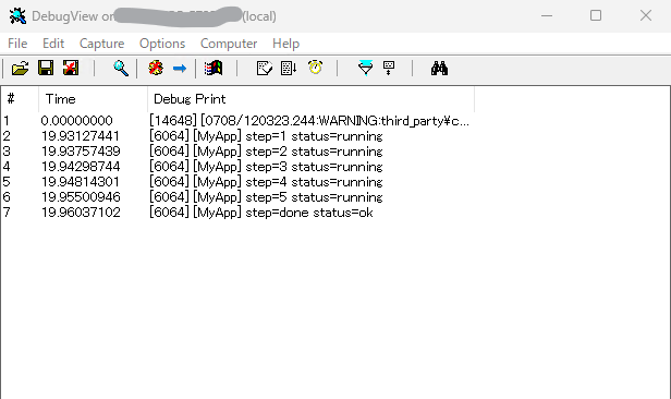 DebugView のログ一覧に テストアプリからの MyApp ログが流れている画面