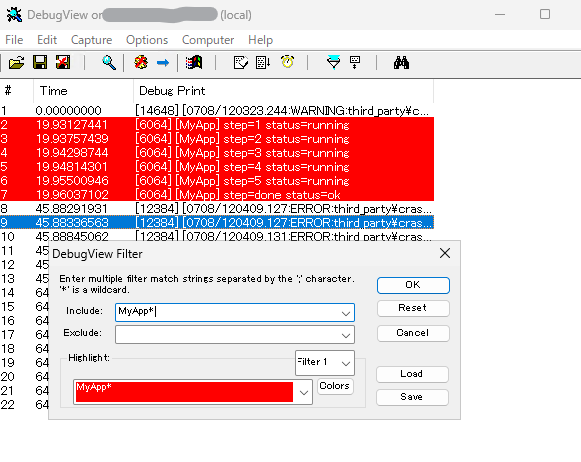 DebugView の Filter/Highlight ダイアログで Include と Highlight にパターンを設定している画面